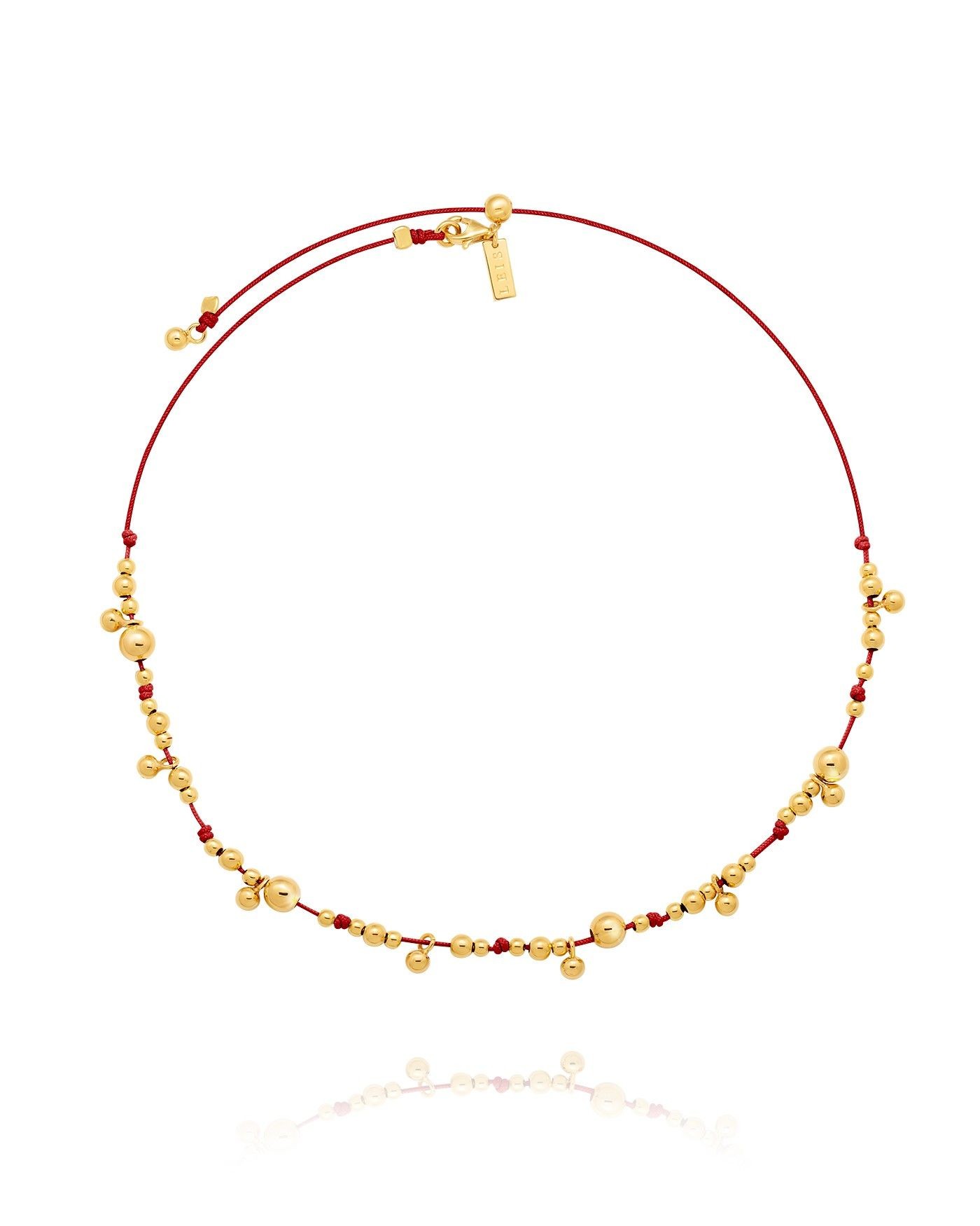 Collana su cordoncino rosso con sfere dorate  - 2