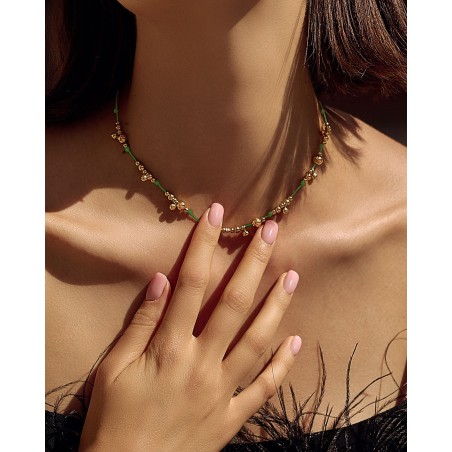Necklace on green cord with gold-gilded beads  - 1