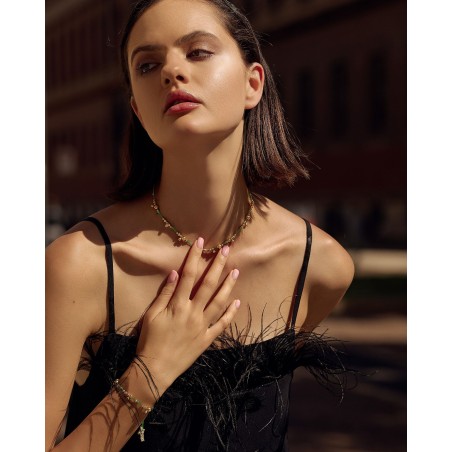 Naszyjnik na zielonym sznureczku z pozłacanymi kuleczkami  - 4