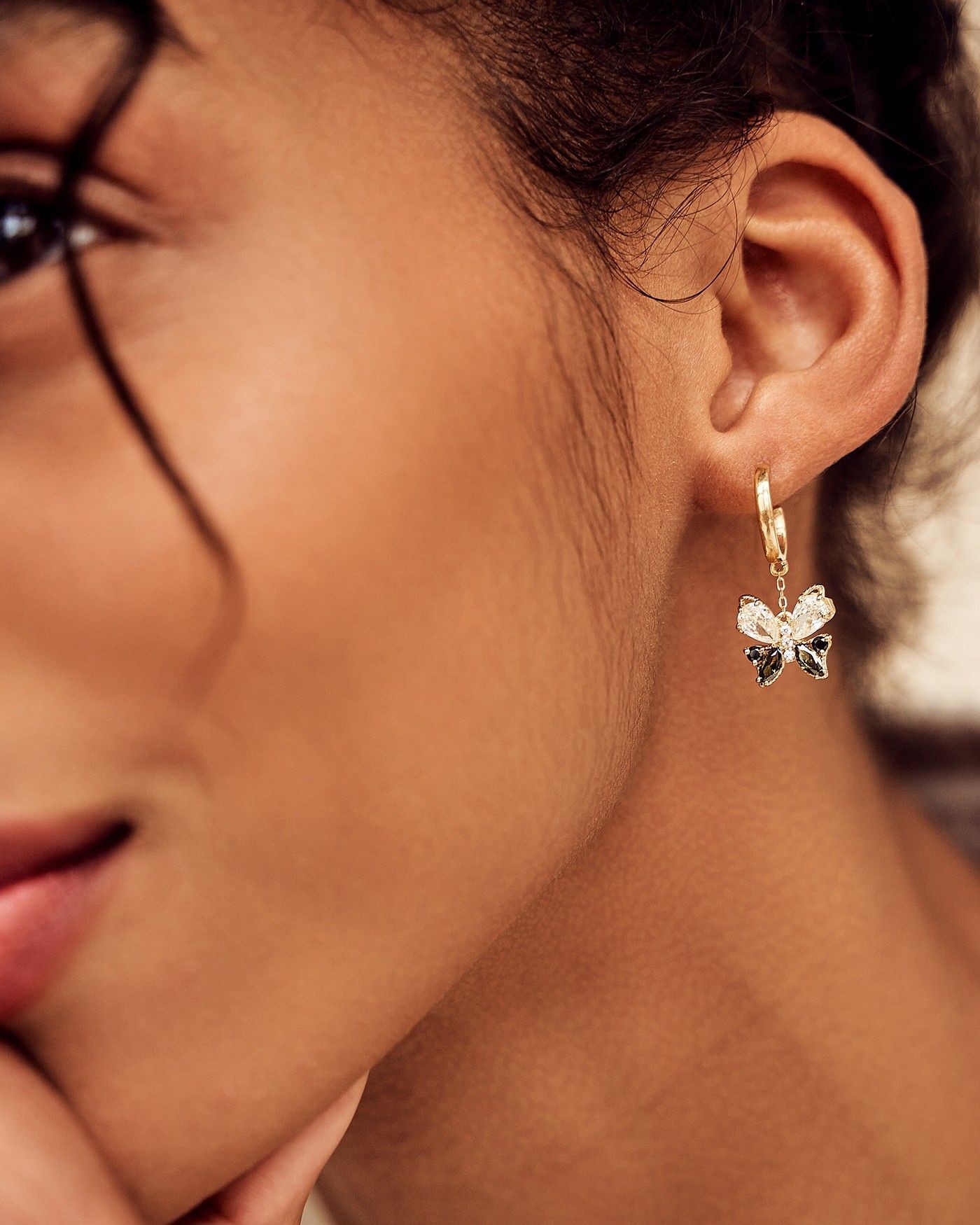 Pendant Butterfly Earrings Farfalla with black and olivine zircons  - 4